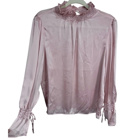 Vince Camuto Women's Blush Pink Satin Blouse Ruffle Neck Long Sleeve‎ M NWOT - Picture 1 of 8